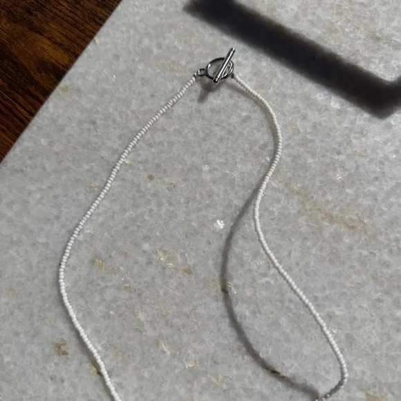 White Beaded Initial Necklace “R” | Minimalist Letter Charm - Picture 4 of 4